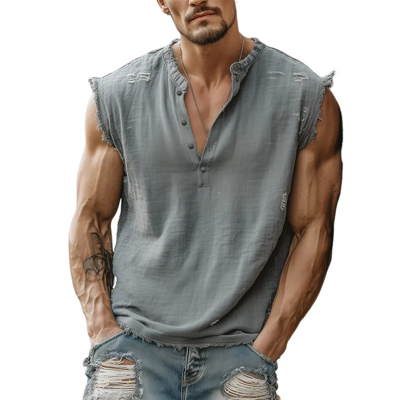 Men's Summer Casual Tough Style Henley Collar Cotton Blended Raw Edge Ripped Tank Top MTA1605G6K sold by Manly