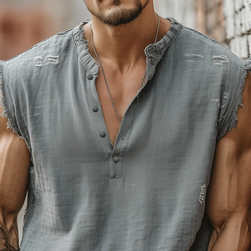 Men's Summer Casual Tough Style Henley Collar Cotton Blended Raw Edge Ripped Tank Top MTA1605G6K sold by Manly product image thumbnail 4