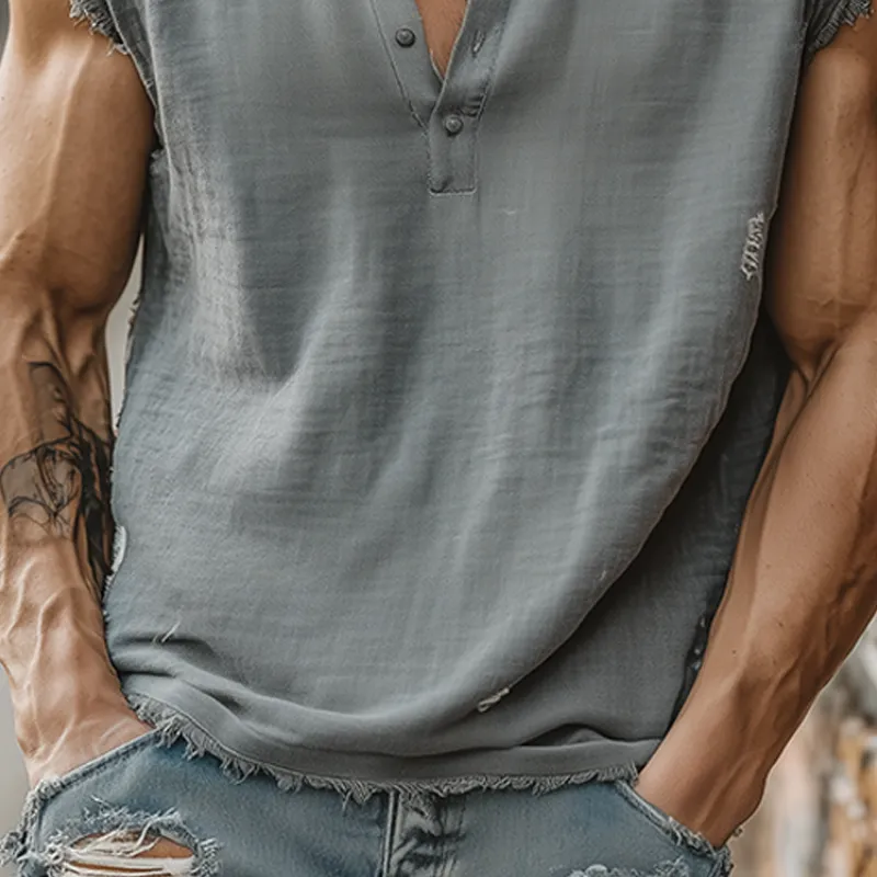 Men's Summer Casual Tough Style Henley Collar Cotton Blended Raw Edge Ripped Tank Top MTA1605G6K sold by Manly product image thumbnail 5