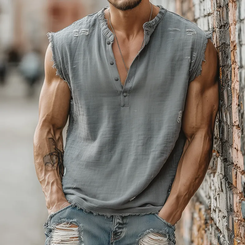 Men's Summer Casual Tough Style Henley Collar Cotton Blended Raw Edge Ripped Tank Top MTA1605G6K sold by Manly product image thumbnail 3