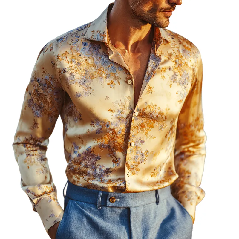 Men's Floral Print Satin Lapel Long Sleeve Shirt MTA1676G8Z sold by Manly
