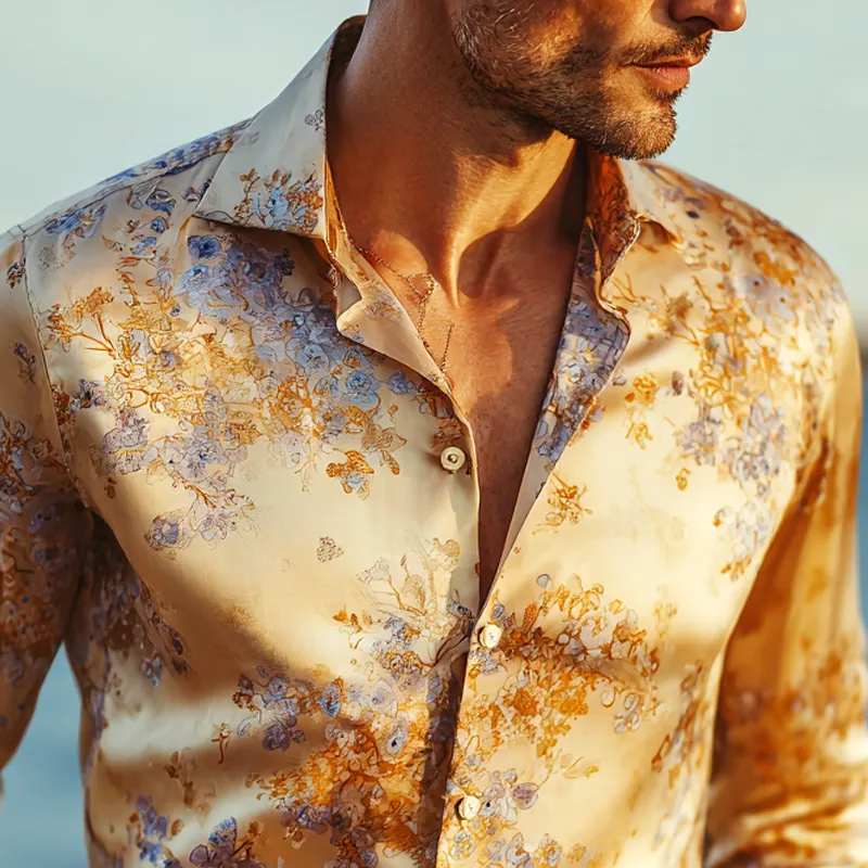 Men's Floral Print Satin Lapel Long Sleeve Shirt MTA1676G8Z sold by Manly product image thumbnail 3