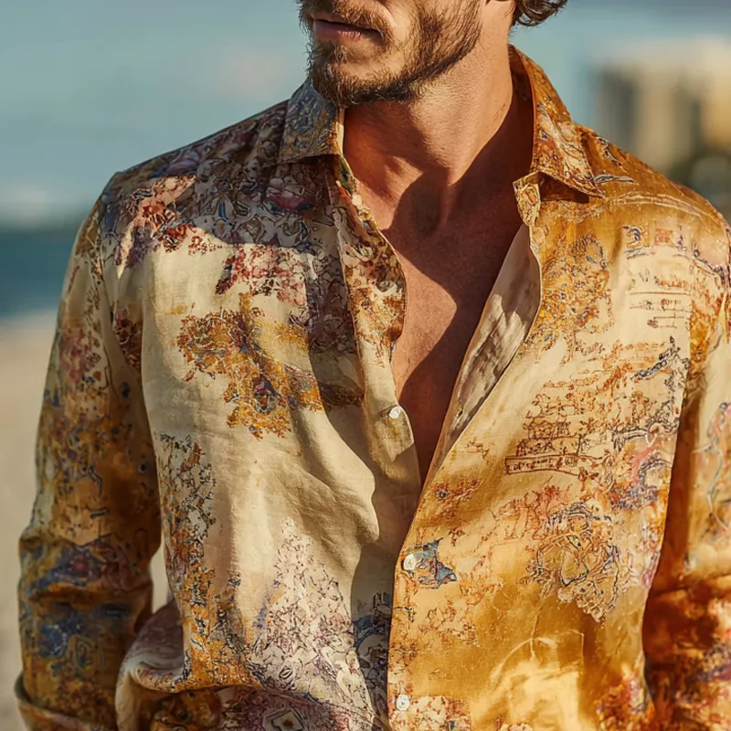 Men's Floral Print Satin Lapel Long Sleeve Shirt MTA1686G6Z sold by Manly product image thumbnail 3