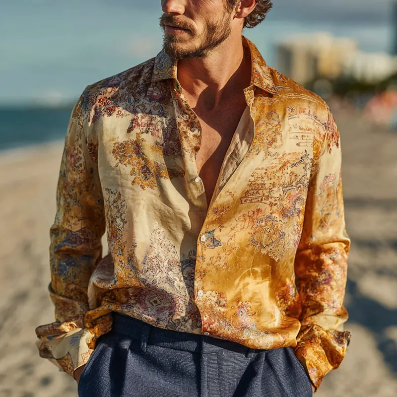 Men's Floral Print Satin Lapel Long Sleeve Shirt MTA1686G6Z sold by Manly product image thumbnail 2