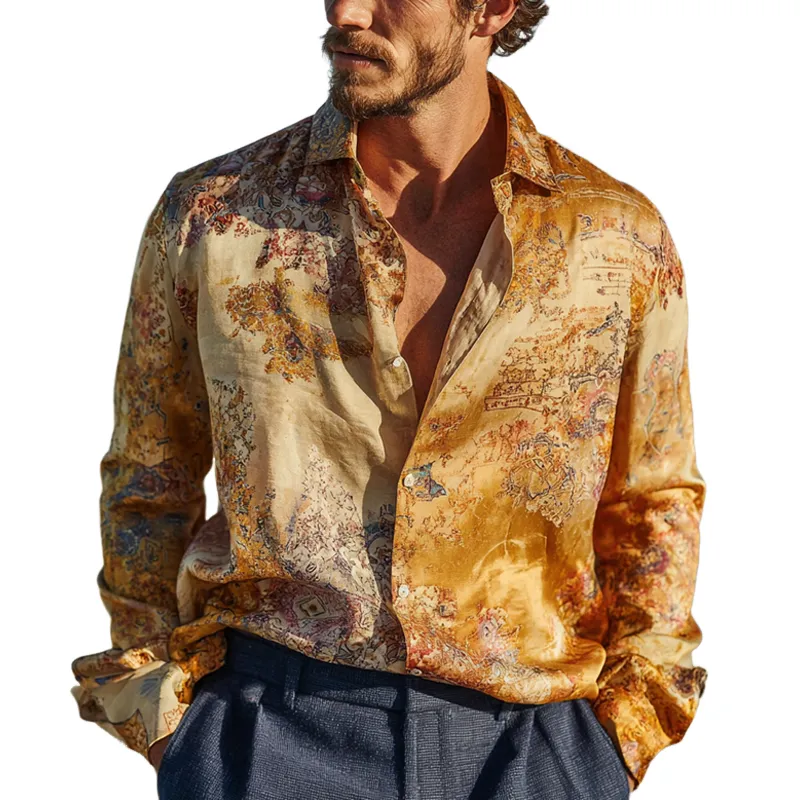 Men's Floral Print Satin Lapel Long Sleeve Shirt MTA1686G6Z sold by Manly