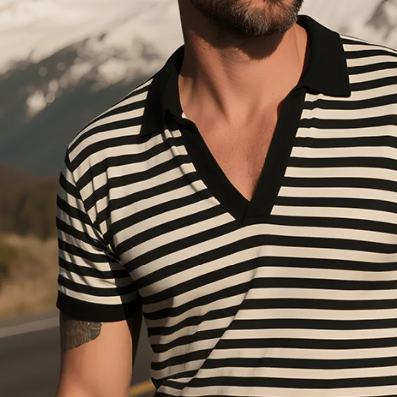 Men's Retro Casual Striped Print Lapel Short Sleeve T-Shirt MTA1677G6TO sold by Manly product image thumbnail 3