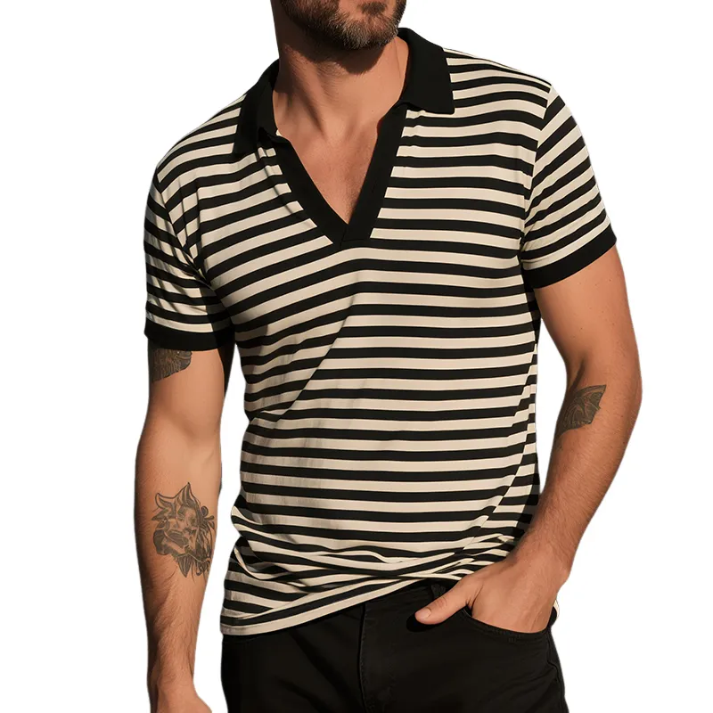 Men's Retro Casual Striped Print Lapel Short Sleeve T-Shirt MTA1677G6TO sold by Manly