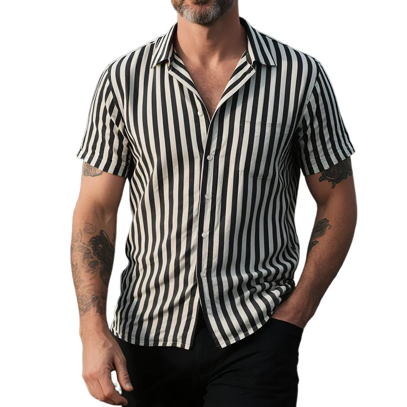 Men's Retro Casual Striped Print Lapel Short Sleeve Shirt MTA1695G6TO sold by Manly