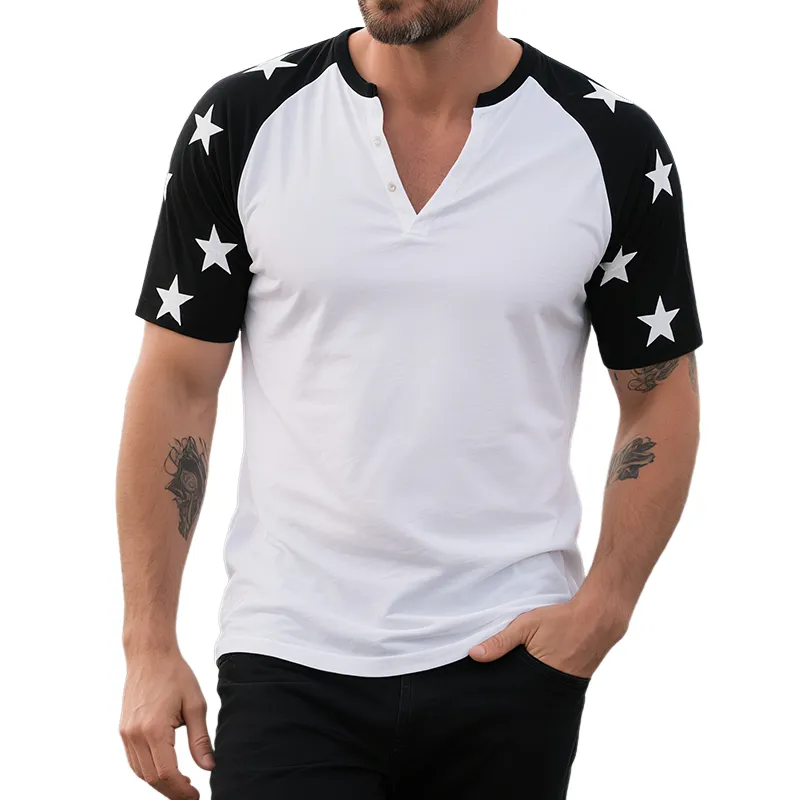 Men's Retro Casual Star Stitching Print Henley Short Sleeve T-Shirt MTA1654G2TO sold by Manly