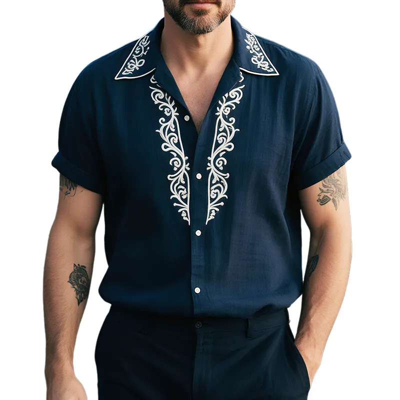 Men's Retro Casual Linen Palace Style Embroidered Lapel Short Sleeve Shirt MTA1678G2TO sold by Manly