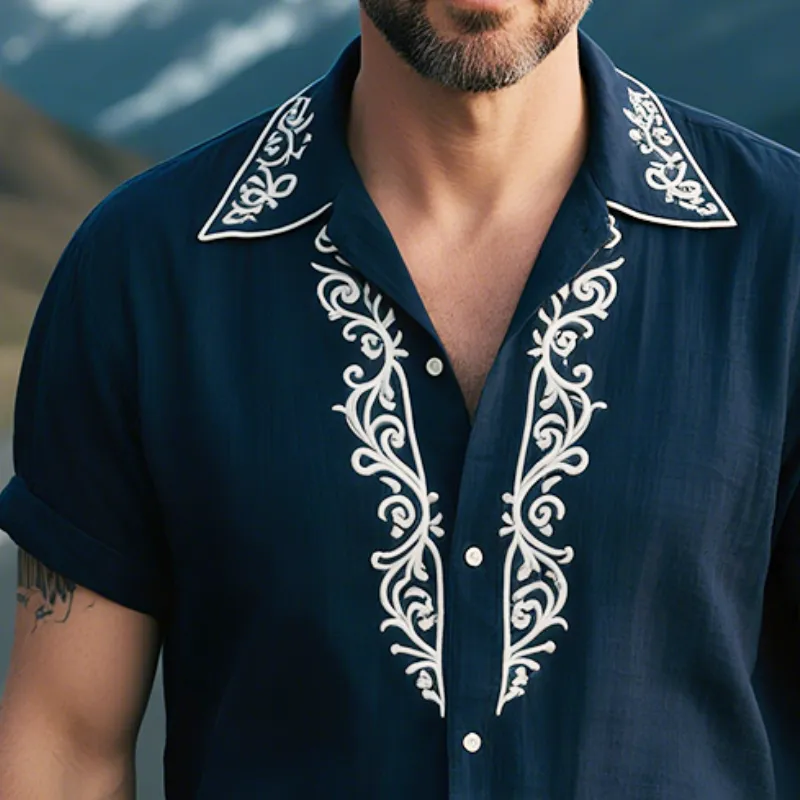 Men's Retro Casual Linen Palace Style Embroidered Lapel Short Sleeve Shirt MTA1678G2TO sold by Manly product image thumbnail 3