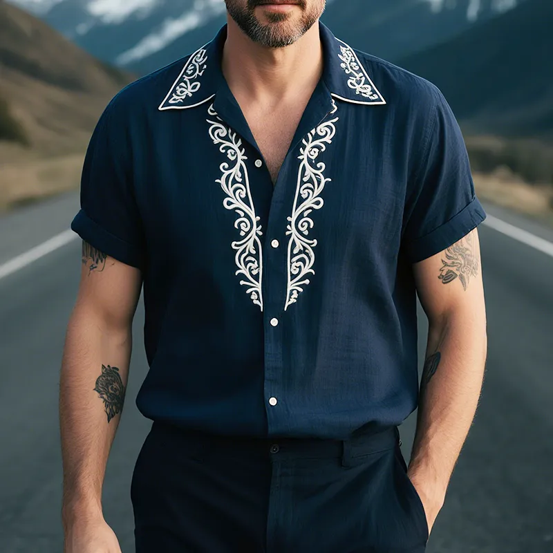 Men's Retro Casual Linen Palace Style Embroidered Lapel Short Sleeve Shirt MTA1678G2TO sold by Manly product image thumbnail 2