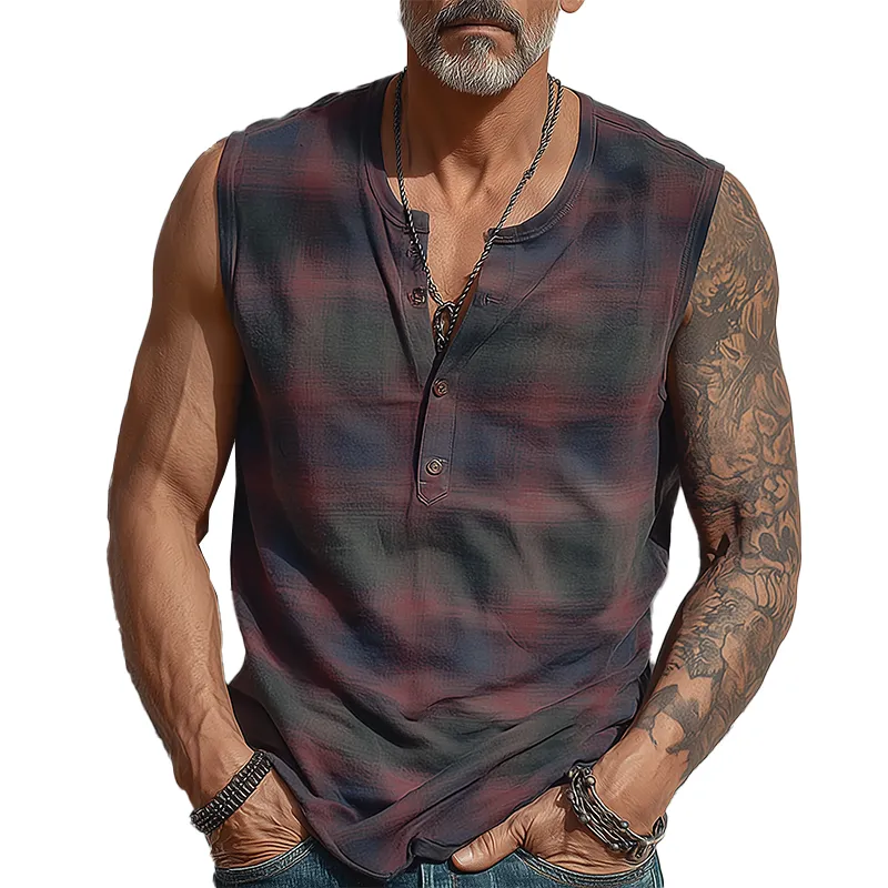 Men's Summer Fashion Contrast Print Cotton Blend Sleeveless Henley Shirt MTA1647G4P sold by Manly