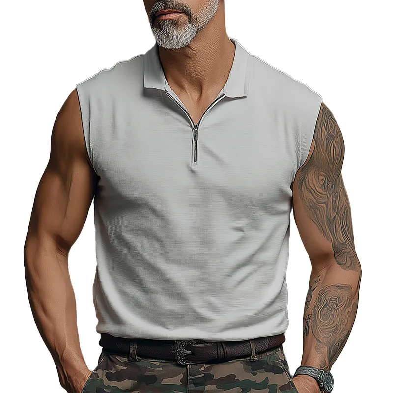 Men's Summer Simple Cotton Blend Sleeveless Zipper Collar Tank Top MTA1642G0P sold by Manly