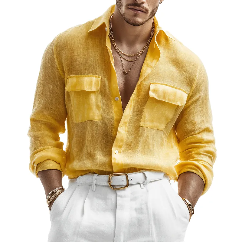 Men's Solid Color Linen Long Sleeve Shirt MTA1534G3X sold by Manly