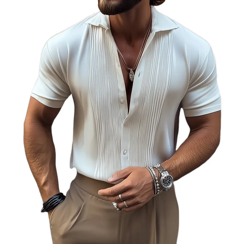 Men's Solid Color Chest Pleated Chiffon Lapel Short Sleeve Shirt MTA1528G2Z sold by Manly