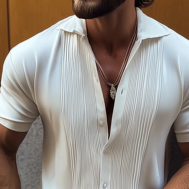 Men's Solid Color Chest Pleated Chiffon Lapel Short Sleeve Shirt MTA1528G2Z sold by Manly product image thumbnail 3