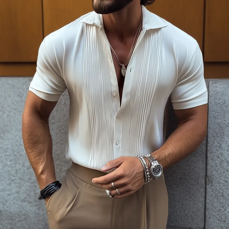 Men's Solid Color Chest Pleated Chiffon Lapel Short Sleeve Shirt MTA1528G2Z sold by Manly product image thumbnail 2