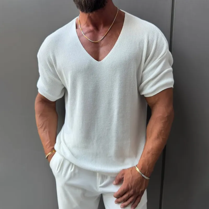 Men's Solid Color Knit V Neck Short Sleeve T-shirt MTA1501G7Z sold by Manly product image thumbnail 2