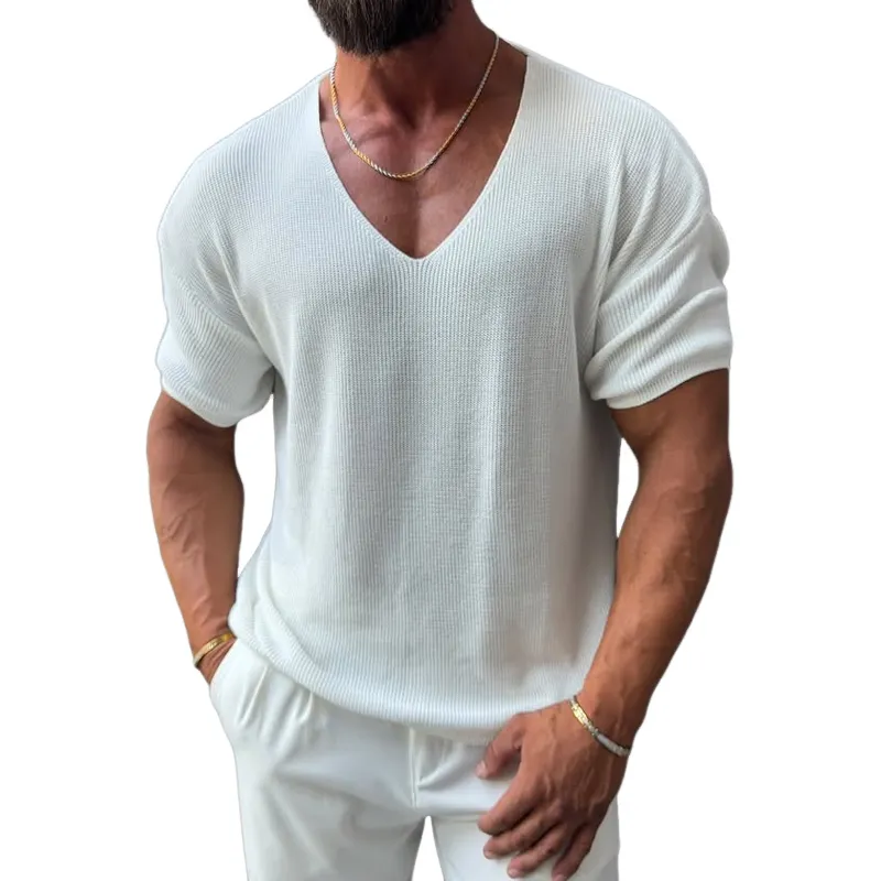 Men's Solid Color Knit V Neck Short Sleeve T-shirt MTA1501G7Z sold by Manly