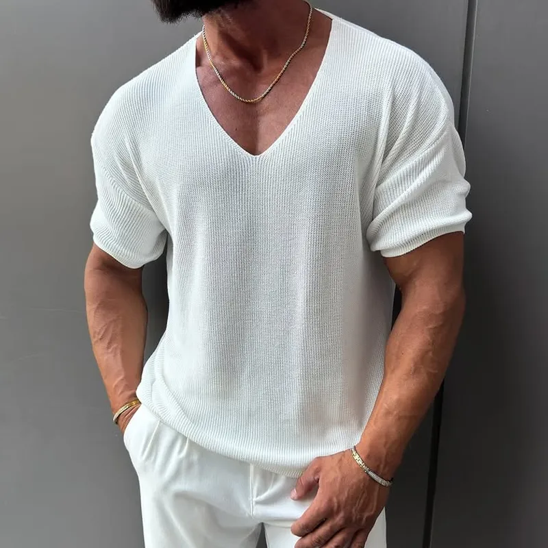 Men's Solid Color Knit V Neck Short Sleeve T-shirt MTA1501G7Z sold by Manly product image thumbnail 3