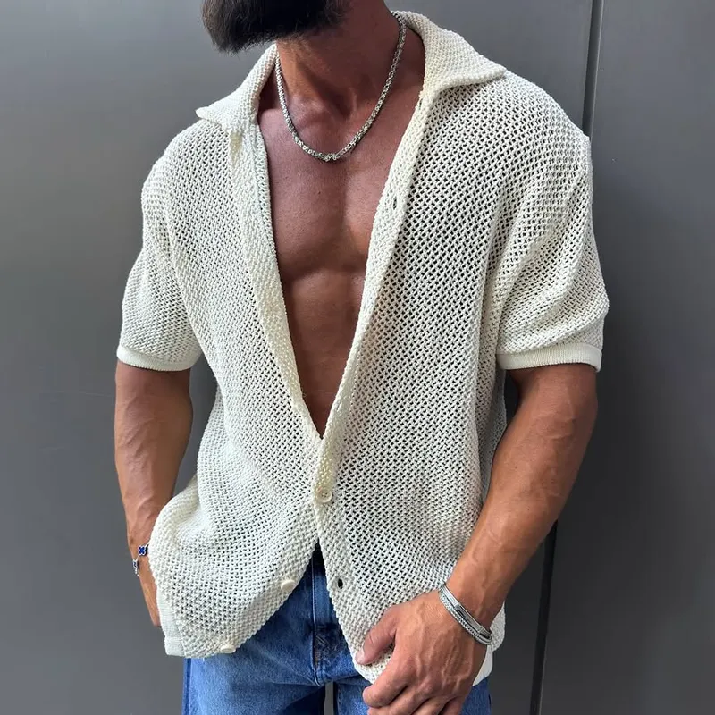 Men's Solid Color Knit Lapel Short Sleeve Shirt MTA1536G4Z sold by Manly product image thumbnail 2