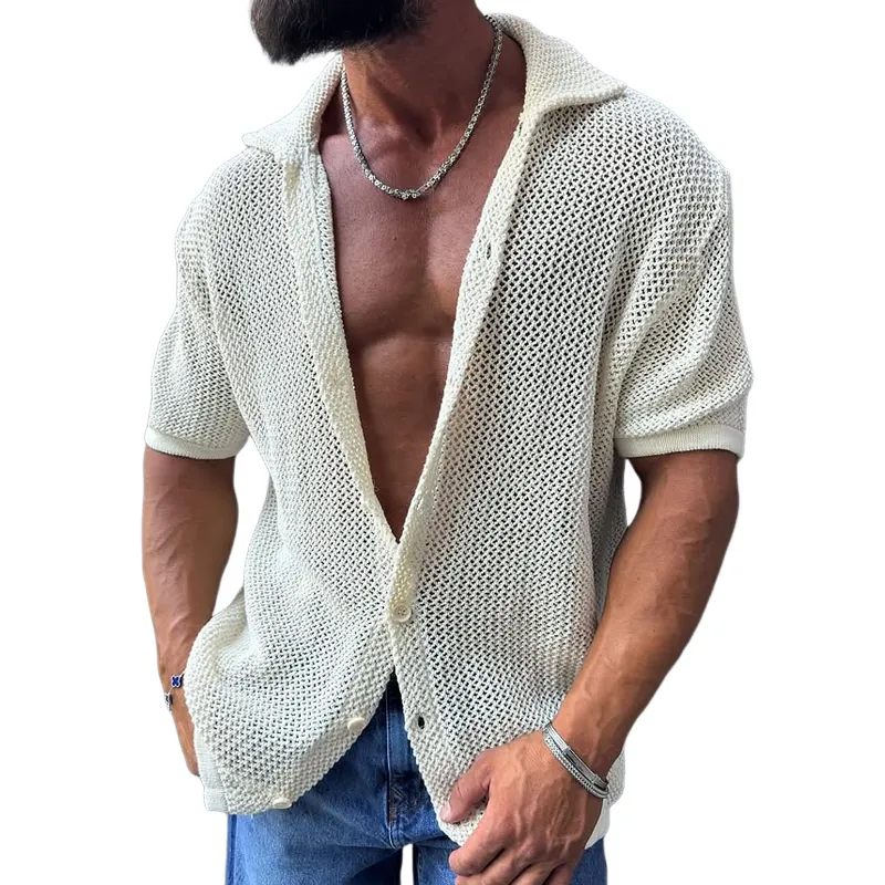 Men's Solid Color Knit Lapel Short Sleeve Shirt MTA1536G4Z sold by Manly