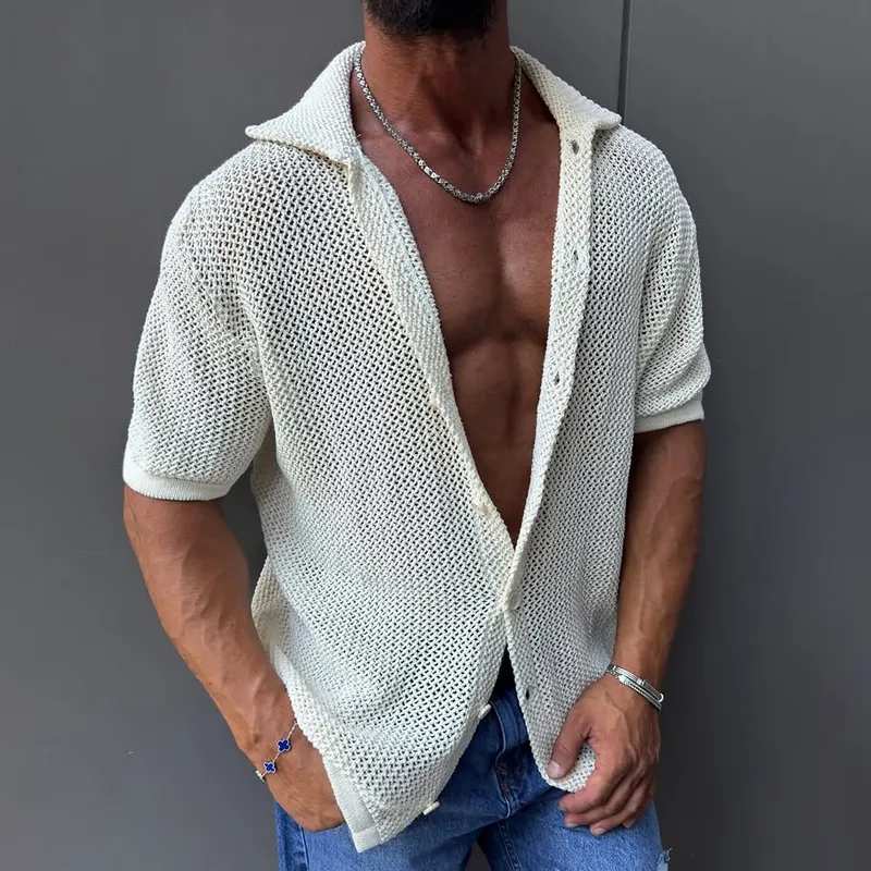 Men's Solid Color Knit Lapel Short Sleeve Shirt MTA1536G4Z sold by Manly product image thumbnail 3