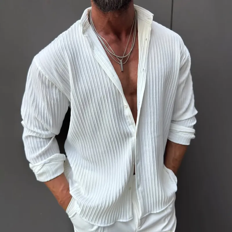 Men's Solid Striped Textured Lapel Long Sleeve Shirt MTA1512G6Z sold by Manly product image thumbnail 3