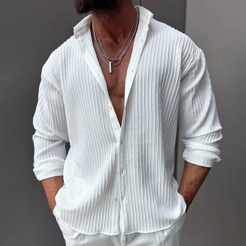 Men's Solid Striped Textured Lapel Long Sleeve Shirt MTA1512G6Z sold by Manly product image thumbnail 2