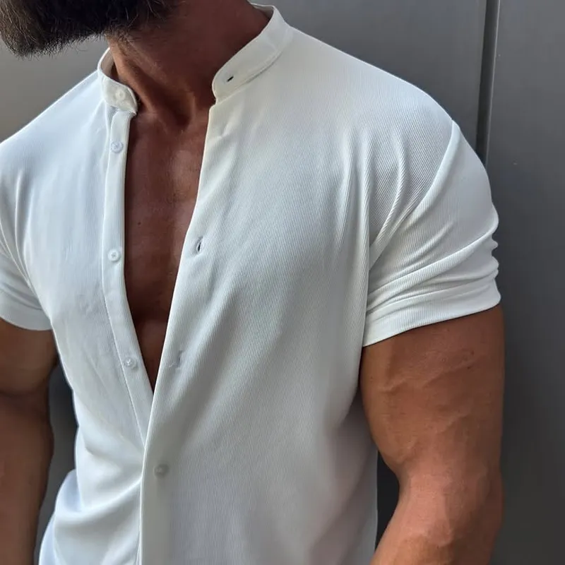 Men's Solid Striped Stand Collar Short Sleeve Shirt MTA1519G2Z sold by Manly product image thumbnail 3