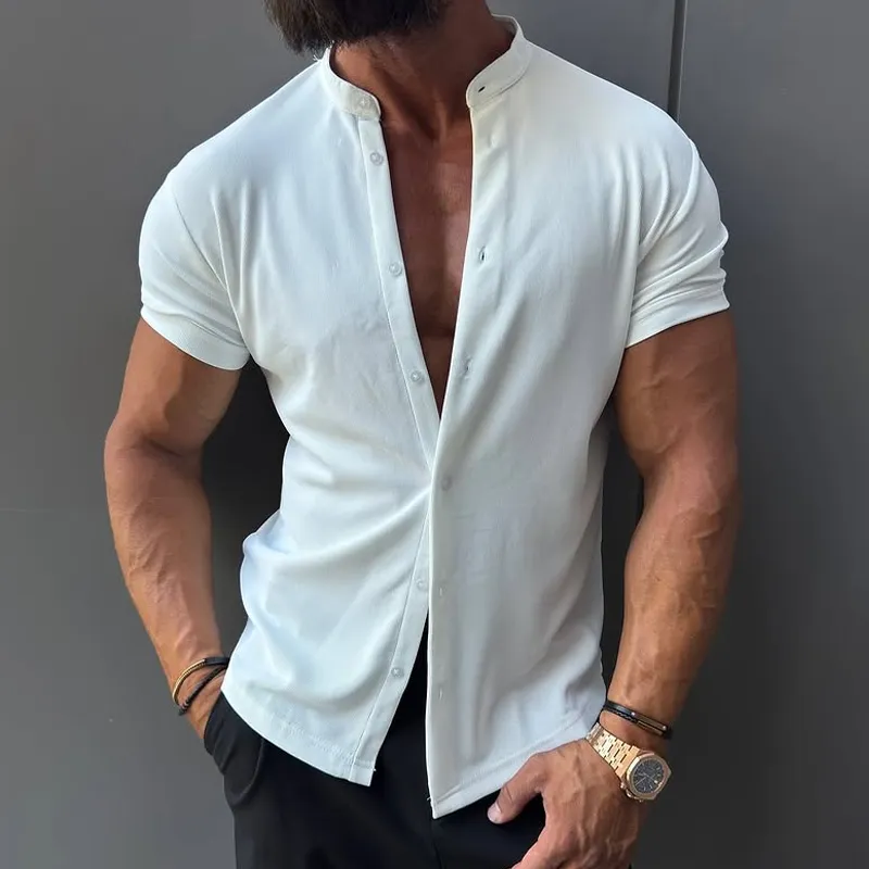 Men's Solid Striped Stand Collar Short Sleeve Shirt MTA1519G2Z sold by Manly product image thumbnail 2