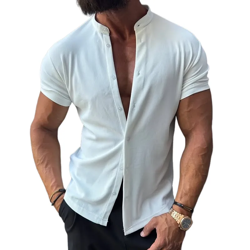 Men's Solid Striped Stand Collar Short Sleeve Shirt MTA1519G2Z sold by Manly