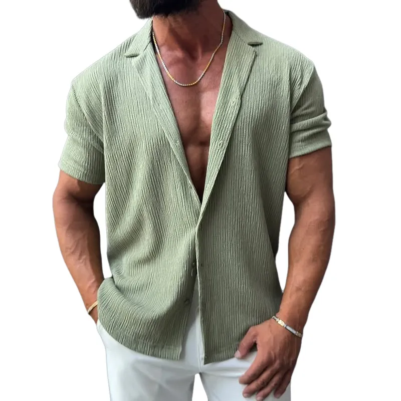 Men's Solid Textured Lapel Short Sleeve Shirt MTA1507G8Z sold by Manly