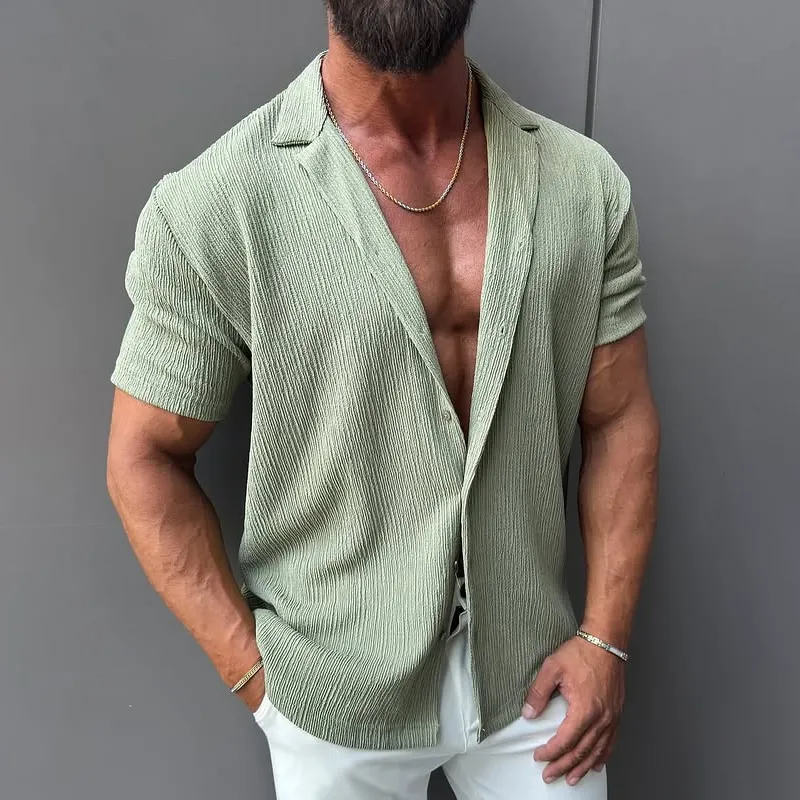 Men's Solid Textured Lapel Short Sleeve Shirt MTA1507G8Z sold by Manly product image thumbnail 4