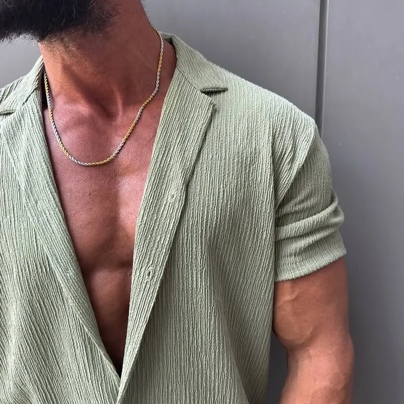 Men's Solid Textured Lapel Short Sleeve Shirt MTA1507G8Z sold by Manly product image thumbnail 3