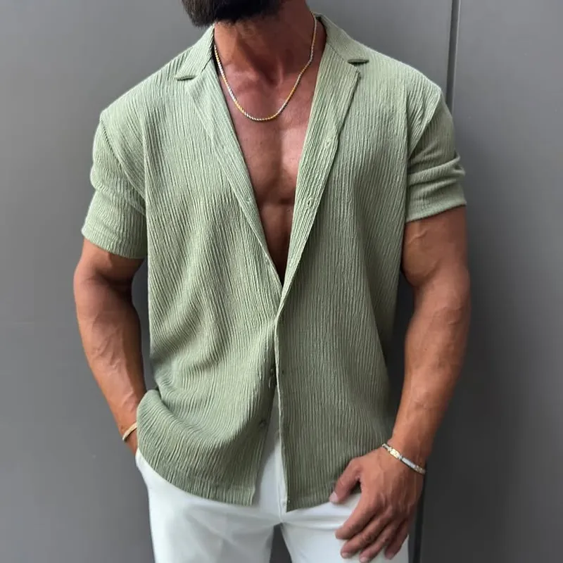 Men's Solid Textured Lapel Short Sleeve Shirt MTA1507G8Z sold by Manly product image thumbnail 2