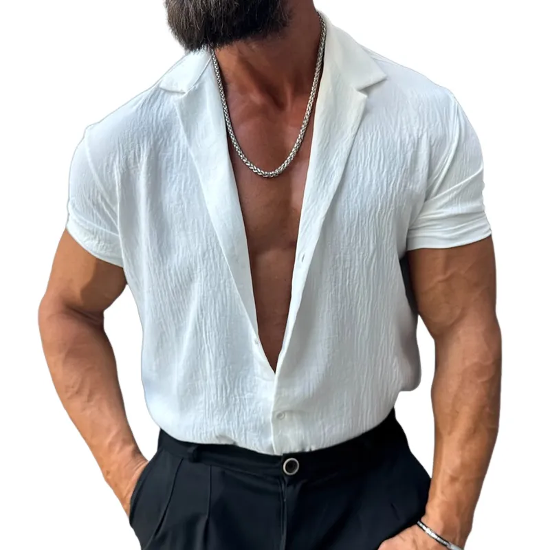 Men's Solid Textured Lapel Short Sleeve Shirt MTA1552G4Z sold by Manly