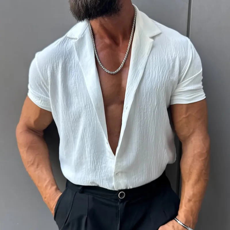 Men's Solid Textured Lapel Short Sleeve Shirt MTA1552G4Z sold by Manly product image thumbnail 2