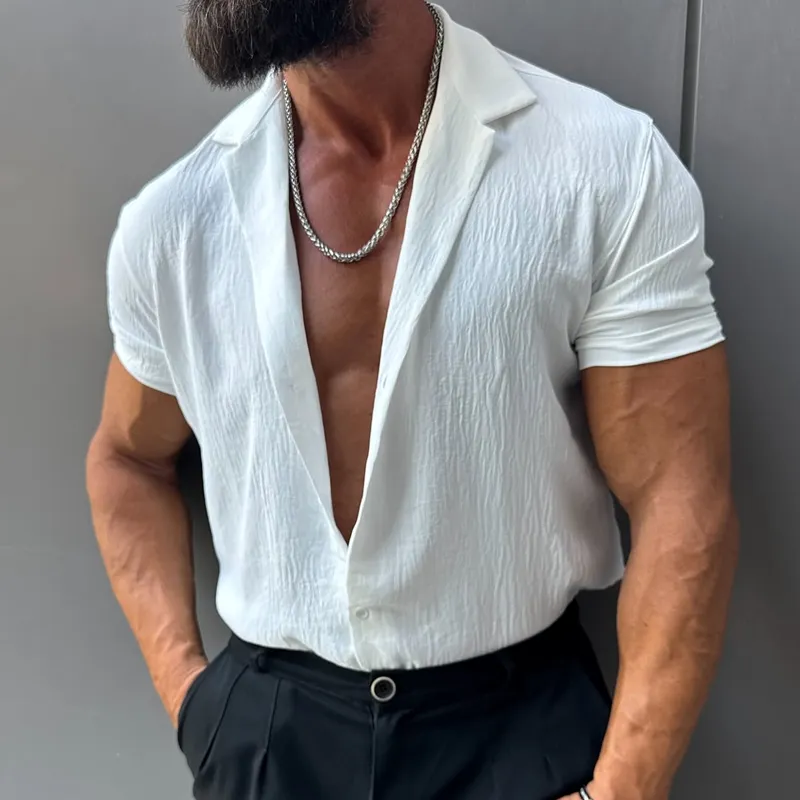 Men's Solid Textured Lapel Short Sleeve Shirt MTA1552G4Z sold by Manly product image thumbnail 3