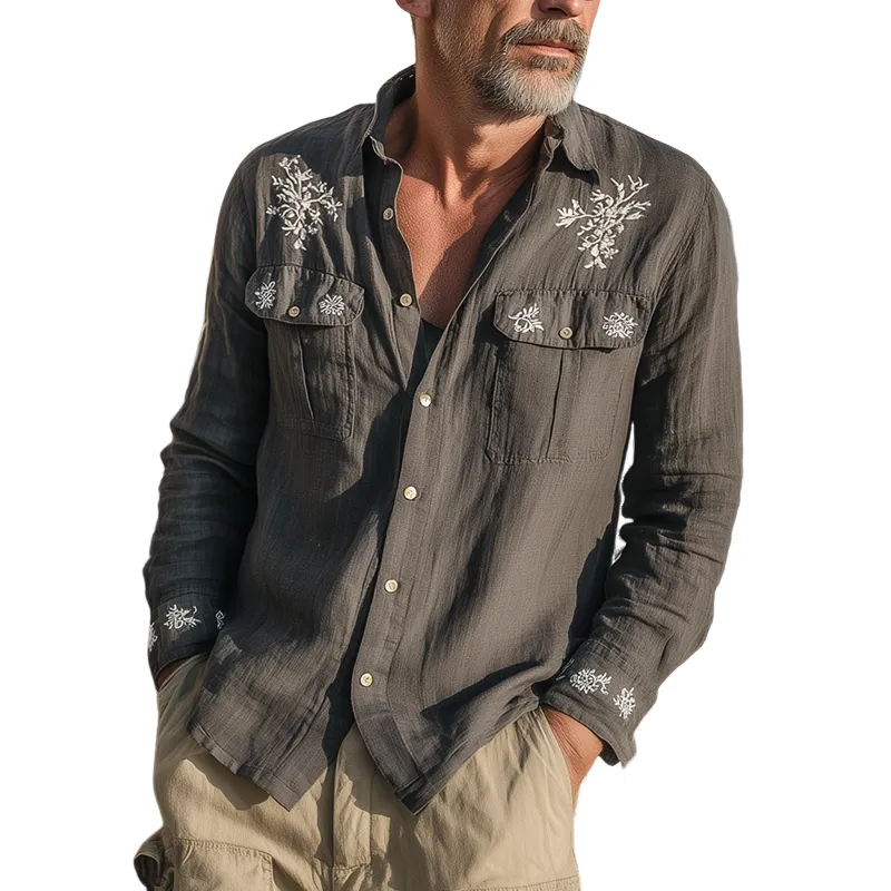 Men's Classic Retro Casual Cotton And Linen Embroidery Multi-pocket Loose Long-sleeved Shirt MTA1523G4K sold by Manly