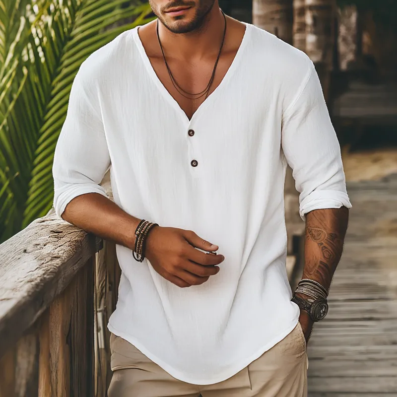 Men's Casual Solid Color Breathable Cotton Linen V-neck Loose Long-sleeved T-shirt MTA3022F4M sold by Manly product image thumbnail 2