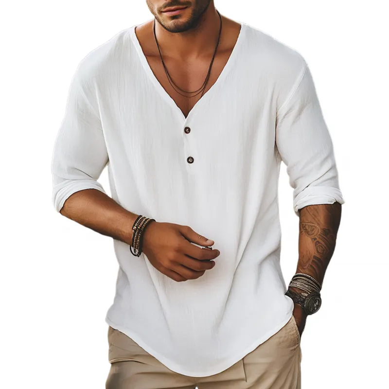 Men's Casual Solid Color Breathable Cotton Linen V-neck Loose Long-sleeved T-shirt MTA3022F4M sold by Manly