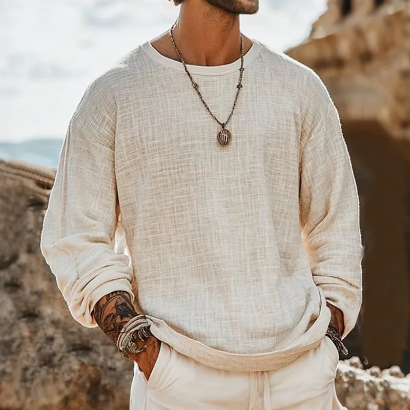 Men's Casual Breathable Cotton Linen Round Neck Loose Long-sleeved T-shirt MTA1506G6M sold by Manly product image thumbnail 2