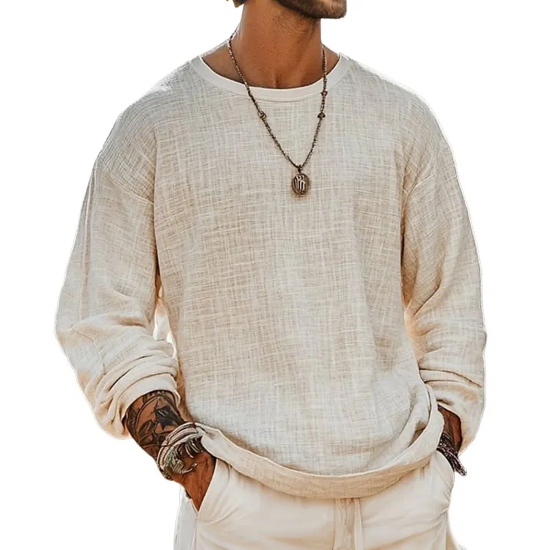 Men's Casual Breathable Cotton Linen Round Neck Loose Long-sleeved T-shirt MTA1506G6M sold by Manly