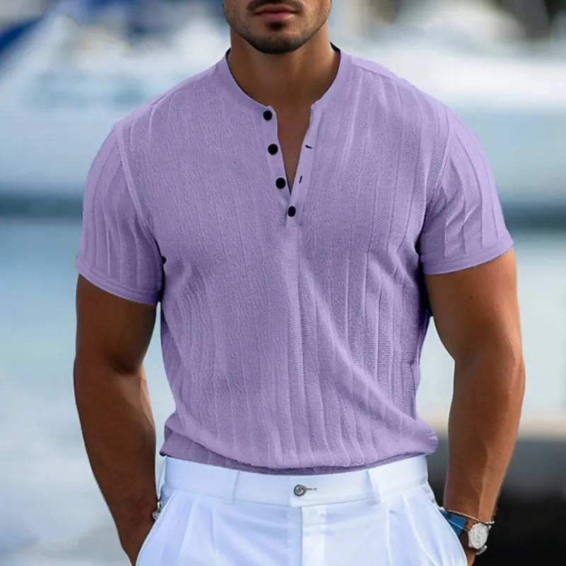 Men's Casual Breathable Solid Color Cotton Blend Henley Collar Slim Fit Short Sleeve T-Shirt MTA3052F3M sold by Manly product image thumbnail 5