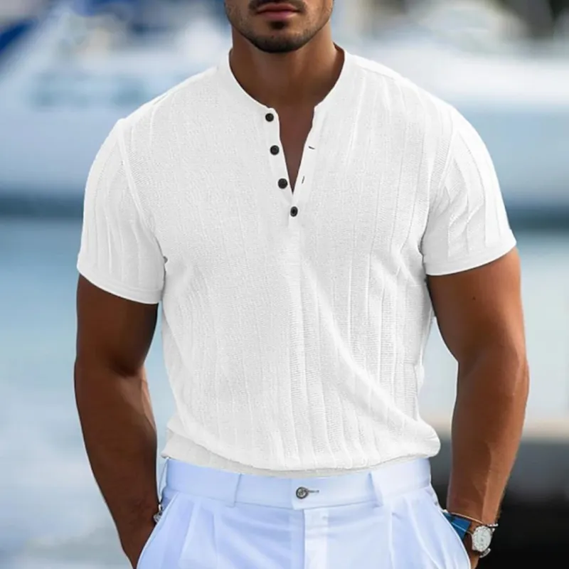 Men's Casual Breathable Solid Color Cotton Blend Henley Collar Slim Fit Short Sleeve T-Shirt MTA3052F3M sold by Manly product image thumbnail 4