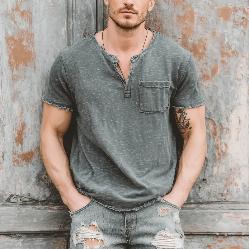 Men's Fashion Casual Bamboo Cotton Raw Edge Henley Collar Short Sleeve T-Shirt MTA1572G5K sold by Manly product image thumbnail 2
