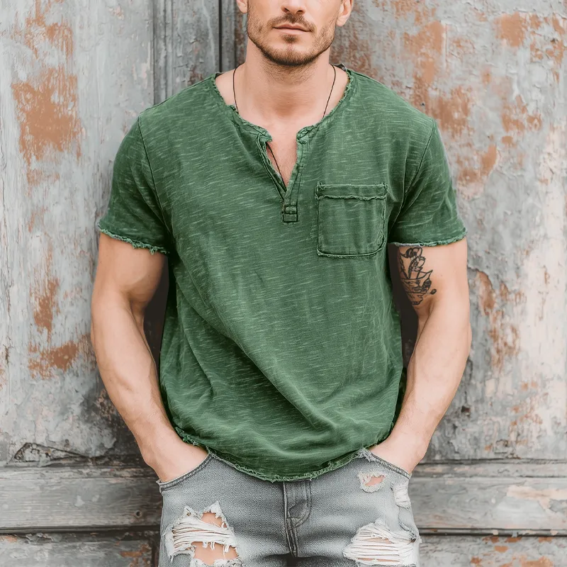 Men's Fashion Casual Bamboo Cotton Raw Edge Henley Collar Short Sleeve T-Shirt MTA1572G5K sold by Manly product image thumbnail 5