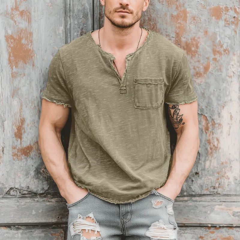 Men's Fashion Casual Bamboo Cotton Raw Edge Henley Collar Short Sleeve T-Shirt MTA1572G5K sold by Manly product image thumbnail 3